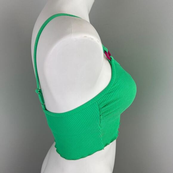 SALT + COVE Women Green Stretch Ruffled O-Ring Textured Scoop Neck Swim Top - Picture 3 of 7